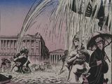 a drawing of a woman sitting on a bench in front of a fountain
