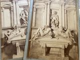 two old black and white photos of statues in a room