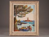 a picture of a painting of a boat on the water