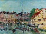 painting of a painting of a city with boats in the water