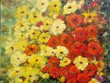 an oil painting of a vase of flowers on a table