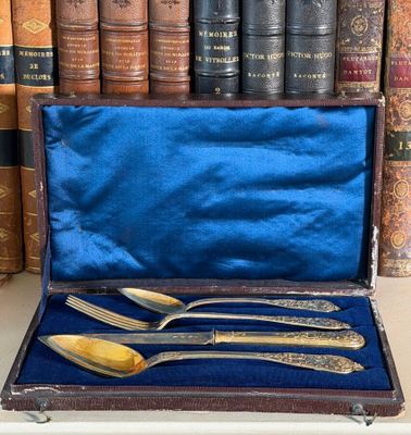 four spoons and a fork in a case on a shelf