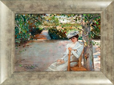 painting of a woman sitting on a bench in a garden