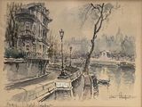 painting of a river scene with boats and buildings in the background