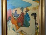 un tableau représentant une femme assise sur une plage avec un parasol