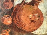 an oil painting of a pitcher and some fruit on a table