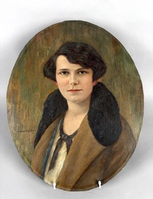 portrait of a woman in a brown coat and black gloves on a plate