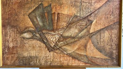 un tableau représentant un oiseau coiffé d'un haut-de-forme