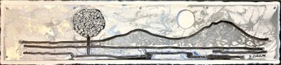 dessin représentant un paysage avec un arbre et une montagne au loin