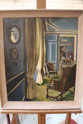 a painting of a room with a chair and a table
