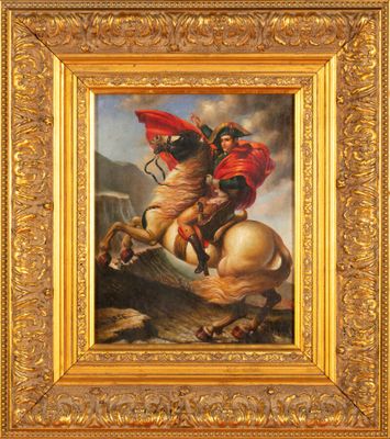 a painting of a man riding a horse with a red cape