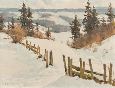 tableau représentant un paysage enneigé avec une clôture au premier plan et des pins au loin