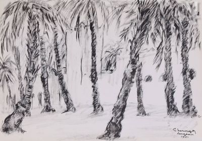 un dessin représentant un groupe de palmiers dans la neige