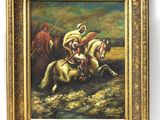 une peinture à l'huile représentant un homme à cheval et un homme à cheval