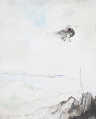 une image représentant un tableau où l'on voit un oiseau volant au-dessus d'une montagne