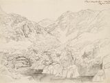 dessin représentant un paysage de montagne avec une rivière et un pont