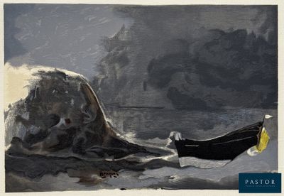 une peinture représentant un bateau sur l'eau, avec un rocher en arrière-plan