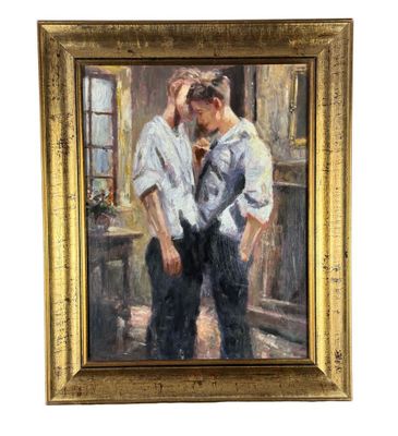 framed oil painting of two men standing in front of a window