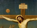 a painting of jesus on the cross in the middle of a field