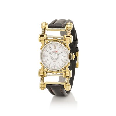 an image of a gold and black wrist watch on a white background