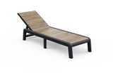 La chaise longue est en bois et possède un cadre noir