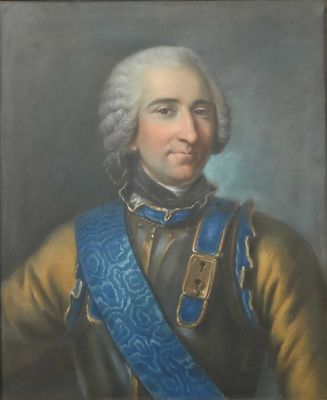 an old painting of a man in a blue and gold uniform