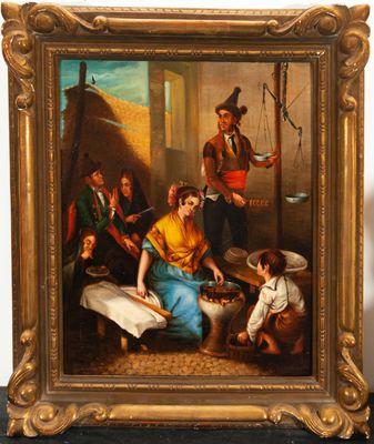 an oil painting of a family gathering in a village