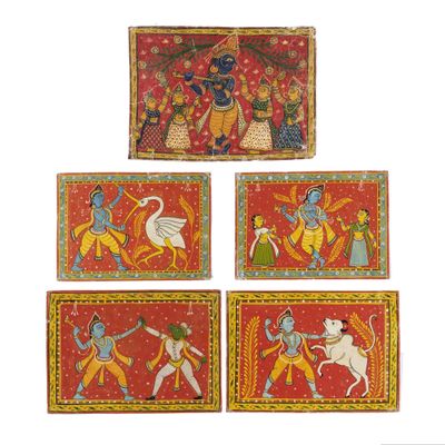 quatre peintures miniatures représentant des divinités hindoues sur fond rouge
