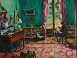 tableau représentant une femme assise dans une pièce avec un chien