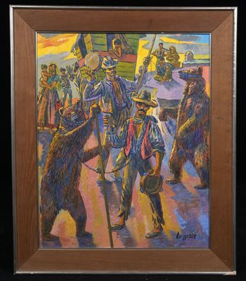 painting of a group of men walking down a street with bears