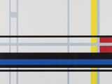 une peinture abstraite composée de lignes bleues, jaunes et rouges sur fond blanc
