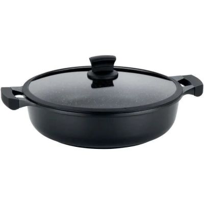 a close up of a black pot with a lid on a white background