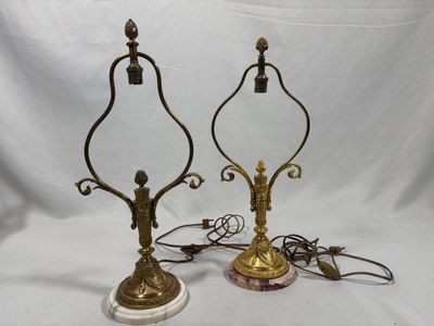 pair of antique brass lamps with marble bases