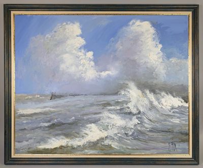 an oil painting of a boat in a large body of water