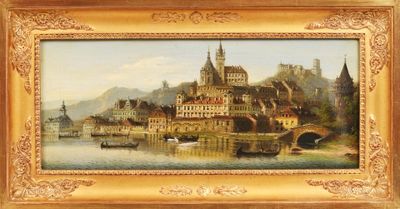 une image représentant un tableau d'un château au bord d'une rivière