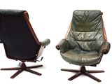 three chairs with leather upholstered and wooden legs on a white background