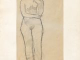 an old drawing of a man standing with his arms crossed