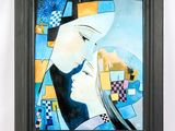 tableau représentant une femme et un homme s'embrassant sur un fond bleu et jaune