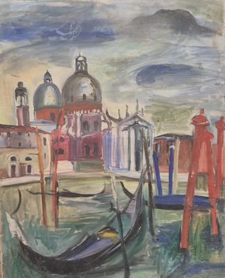 tableau représentant une gondole sur un canal, avec une église en arrière-plan