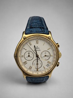 a close up of a gold and blue watch with roman numerals