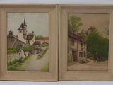 deux tableaux représentant un village avec une église en arrière-plan