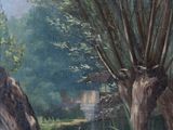 a painting of a man riding a horse in a wooded area