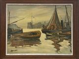 a painting of a harbor scene with boats in the water