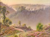 un tableau représentant une personne à cheval sur un chemin de terre