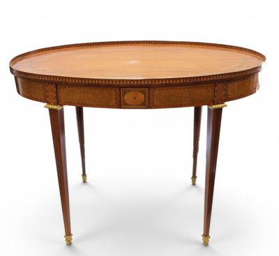 an oval table with two drawers and a drawer on the top