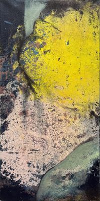 abstract painting of a yellow and black piece of art on a black background