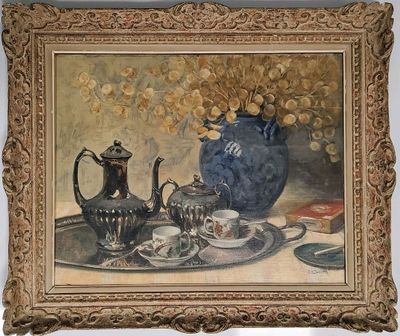 Edouard DURANTON. "Nature morte au café ". Huile sur toile. …