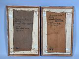 pair of framed photographs of a man and a woman with writing on them