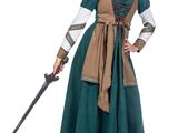 woman in medieval dress holding a sword and a sword in her hand