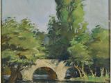 a painting of a painting of a bridge over a river